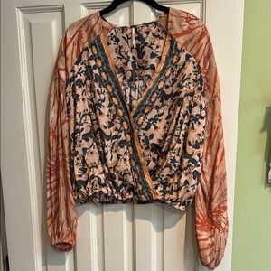 Free People is Wrap Blouse with Orange and Geey Accents